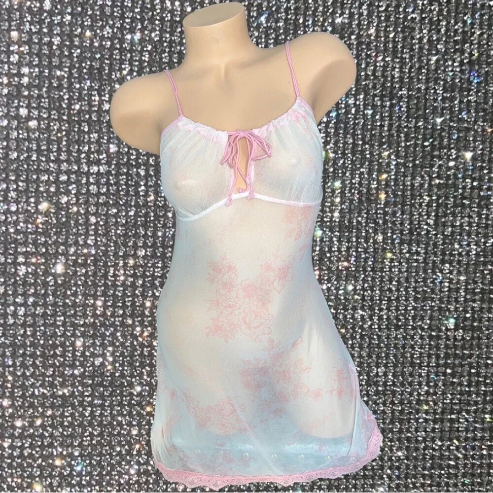 Nightgown dress mesh pink floral frilly lace bottom tie up milkmaid y2k 90s